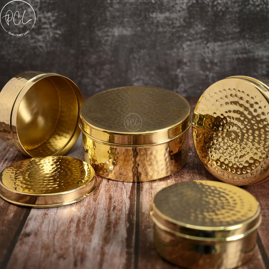 Brass Kulfi Set of 4 Pcs - Brass Dabba Shiny Polished With Hammered Design