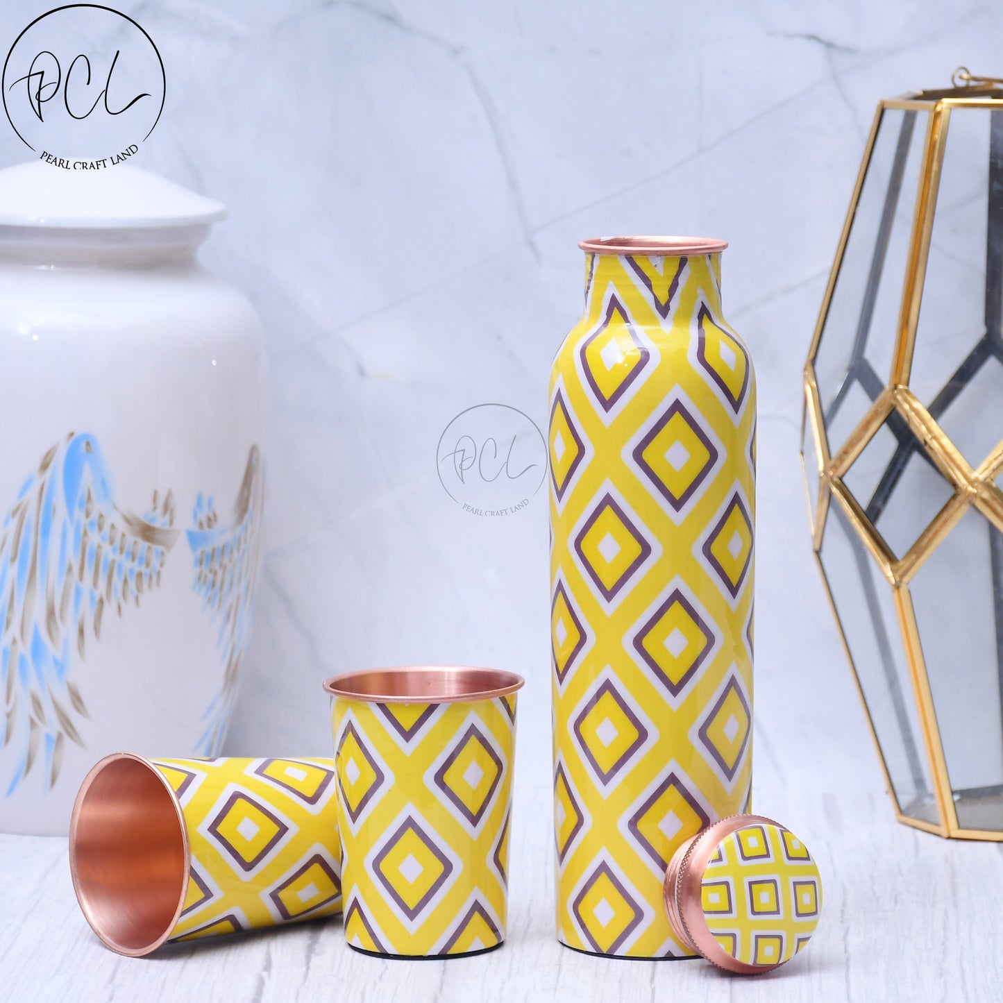 Exclusive Neon Design Printed Copper Bottle with 2 Glasses / Tumbler Set of 3 Capacity 1450 ML