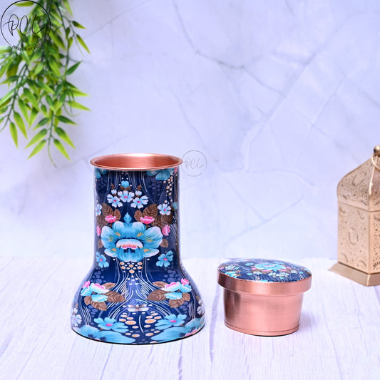 Pure Copper Bedside Blue Floral Printed Lily Pot with In-Built Glass Capacity 1000ML.
