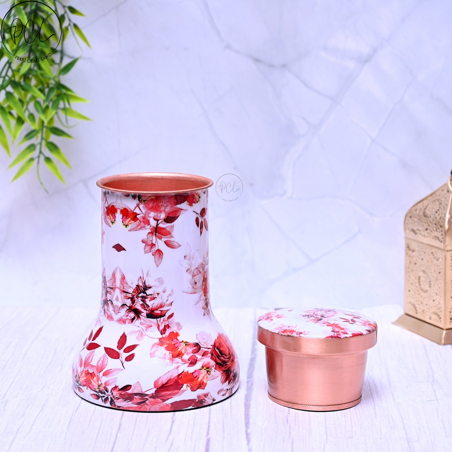 Pure Copper Bedside Red Floral Printed Lily Pot with In-Built Glass Capacity 1000ML.