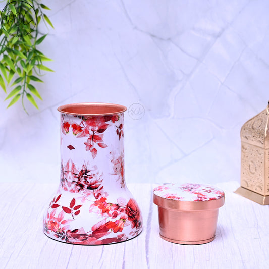 Pure Copper Bedside Red Floral Printed Lily Pot with In-Built Glass Capacity 1000ML.
