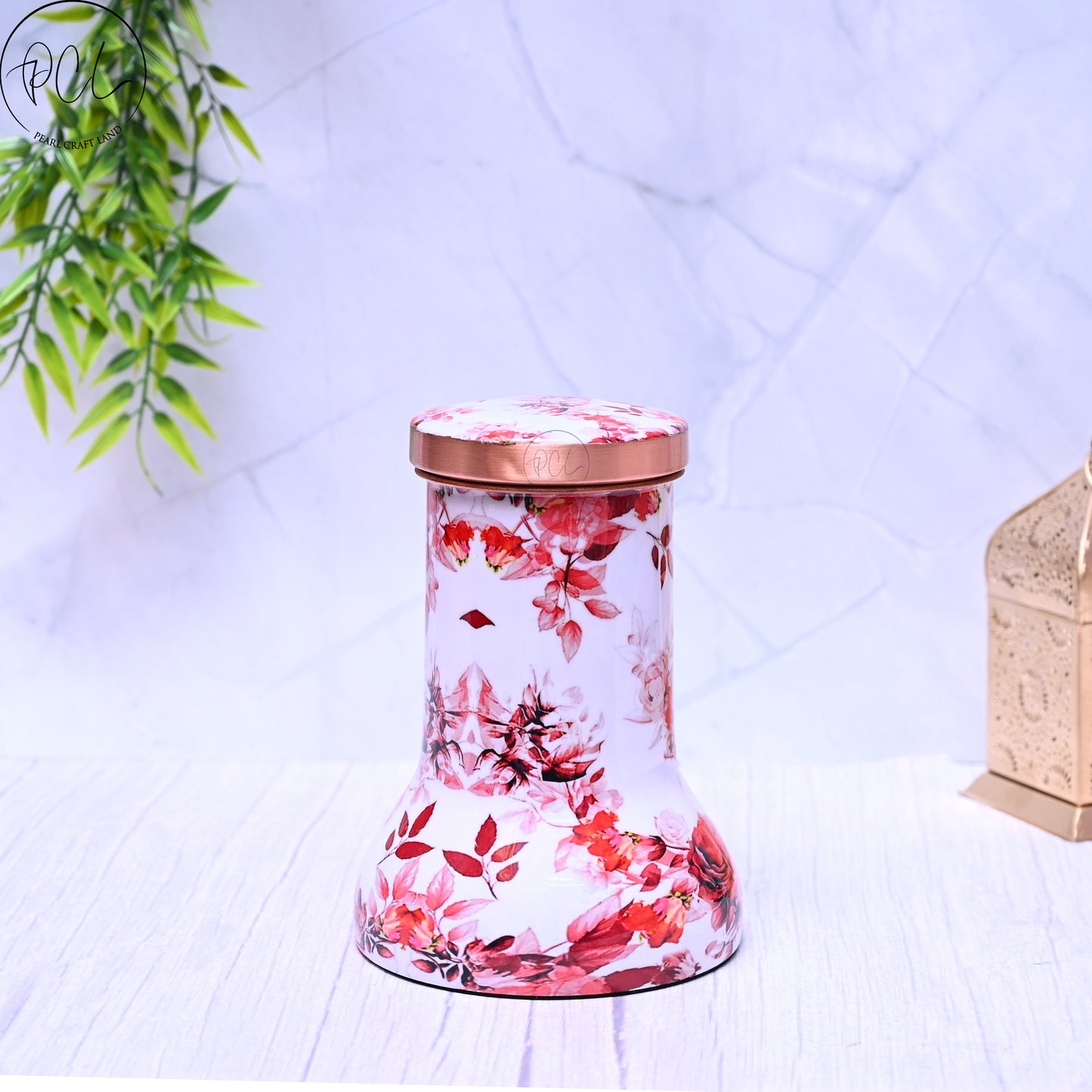 Pure Copper Bedside Red Floral Printed Lily Pot with In-Built Glass Capacity 1000ML.