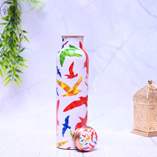 Pure Copper Multi Coloured Birds Printed Water Bottle with Leak Proof Capacity 1000 ML.