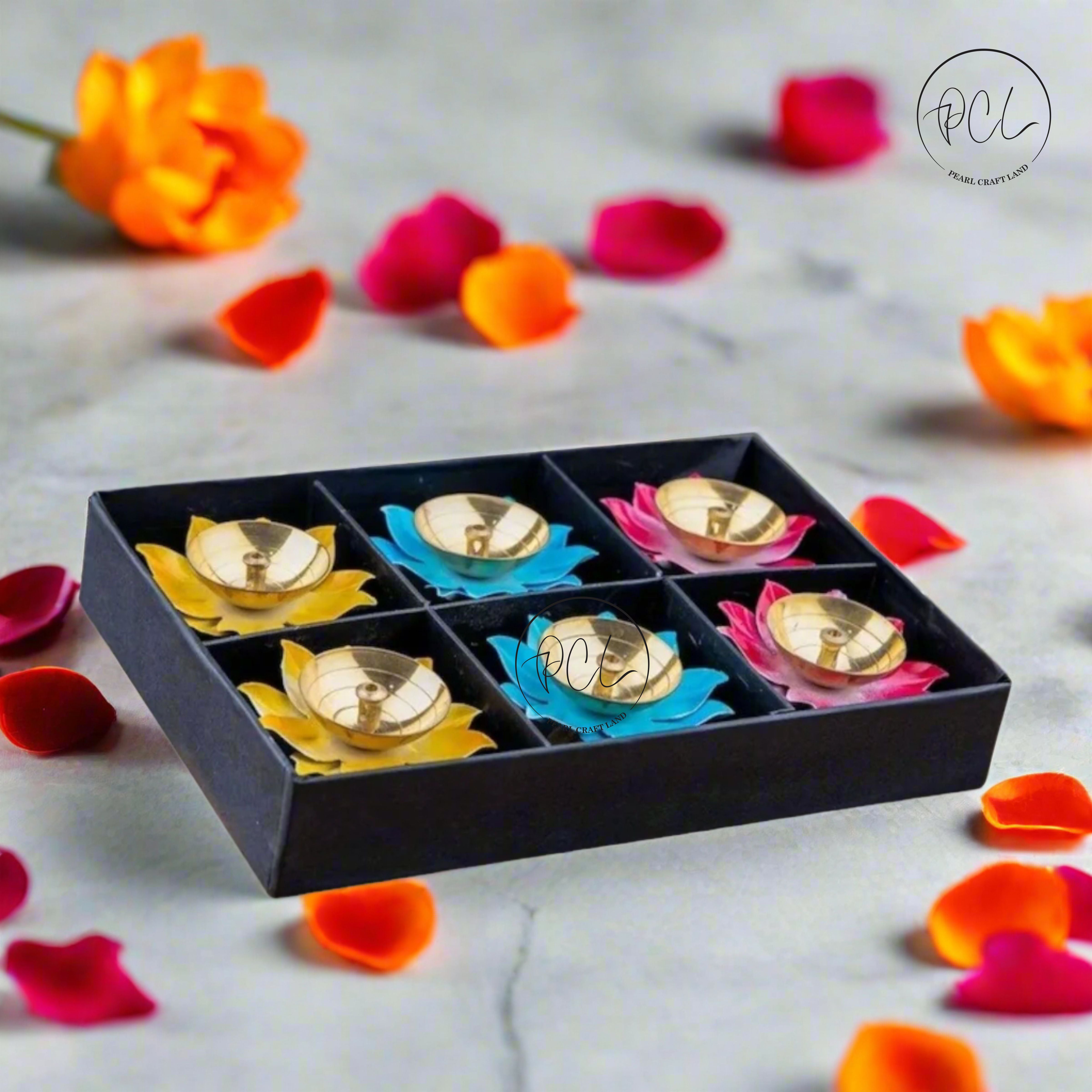 Exclusive Colorful Flower Shaped Brass Metal Diyas Diwali Special Set of 6