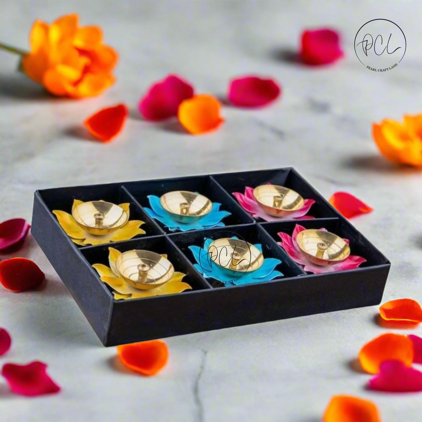 Exclusive Colorful Flower Shaped Brass Metal Diyas Diwali Special Set of 6