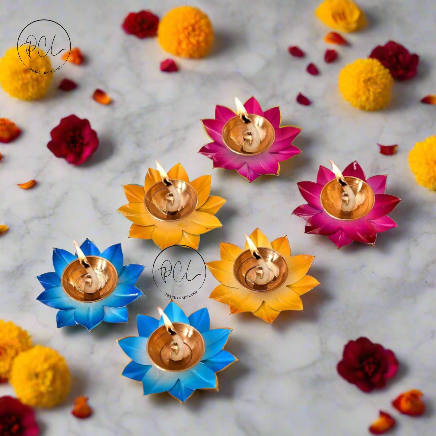 Exclusive Colorful Flower Shaped Brass Metal Diyas Diwali Special Set of 6