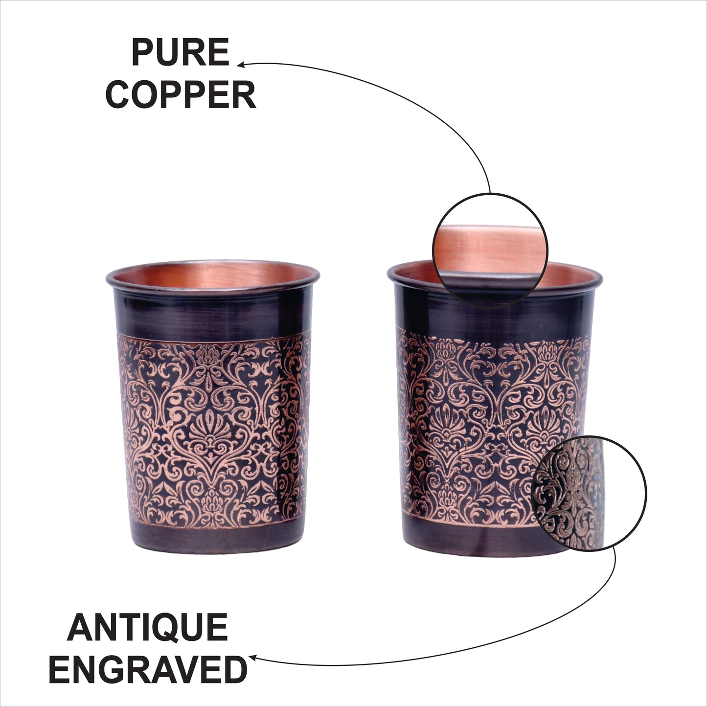 Pure Copper Water Bottle with 2 Glasses Black Antique Engraving Design Capacity 1450 ML