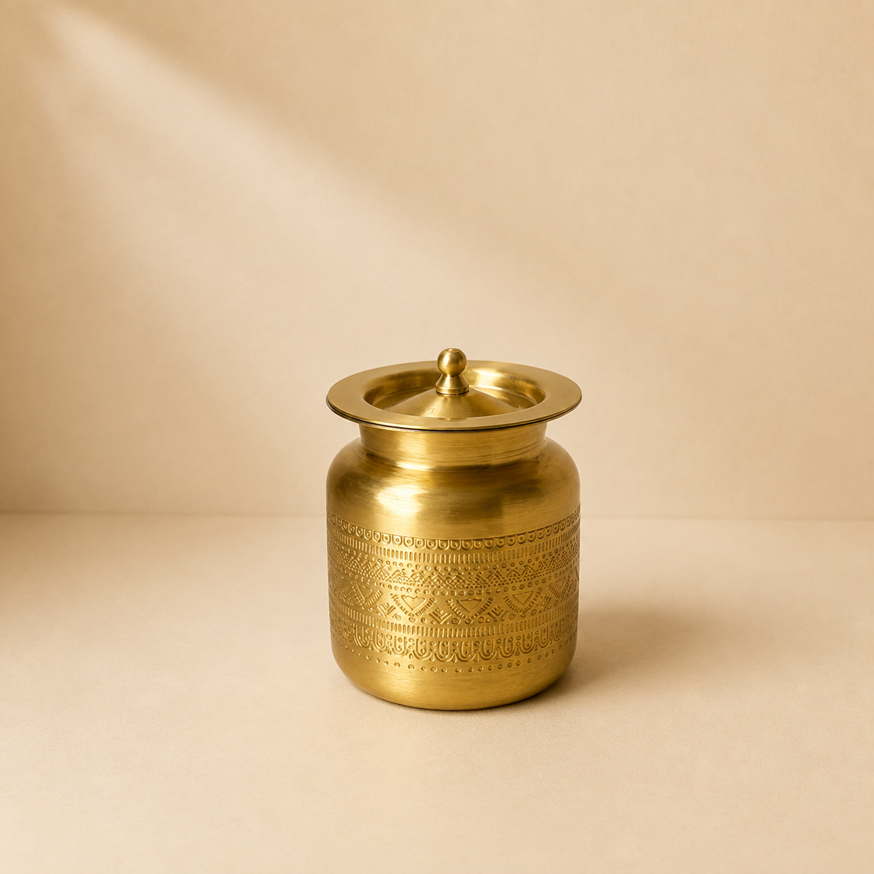 Handcrafted Brass Engraved Ghee Pot with Lid & Spoon