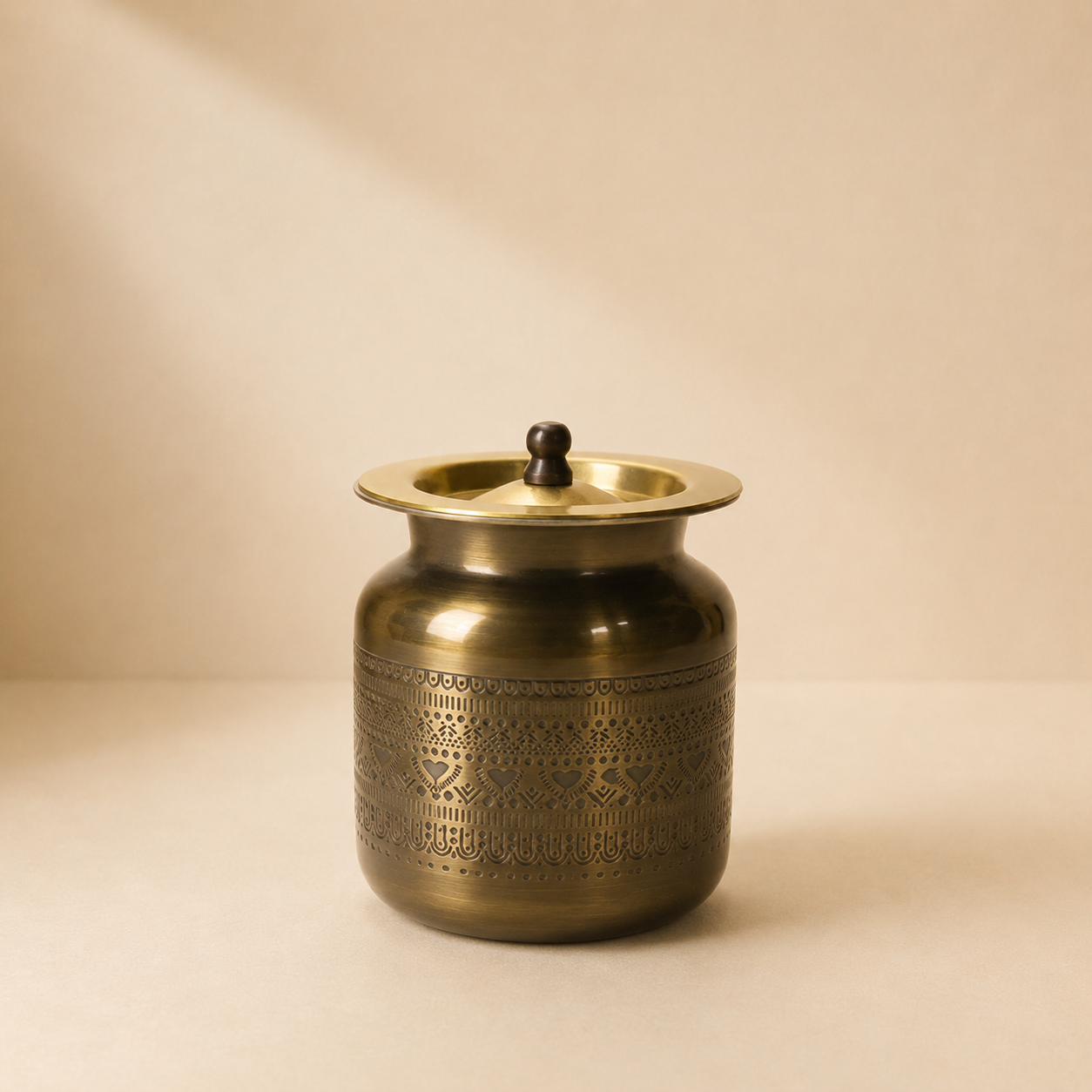 Handcrafted Brass Engraved Ghee Pot with Lid & Spoon