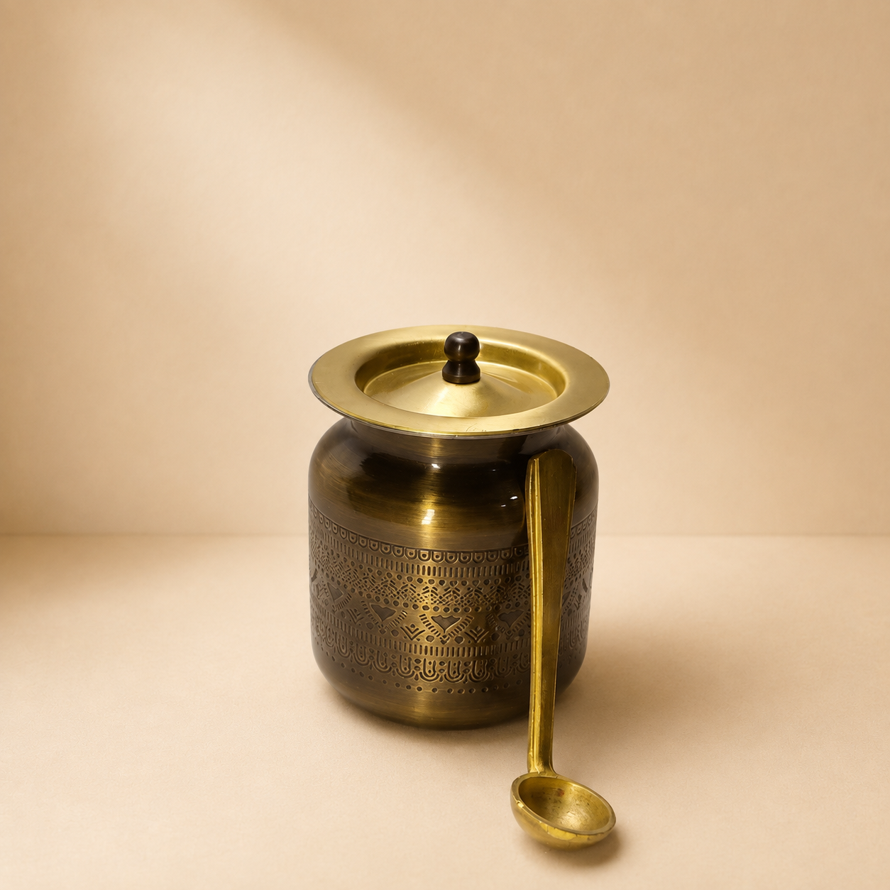 Handcrafted Brass Engraved Ghee Pot with Lid & Spoon