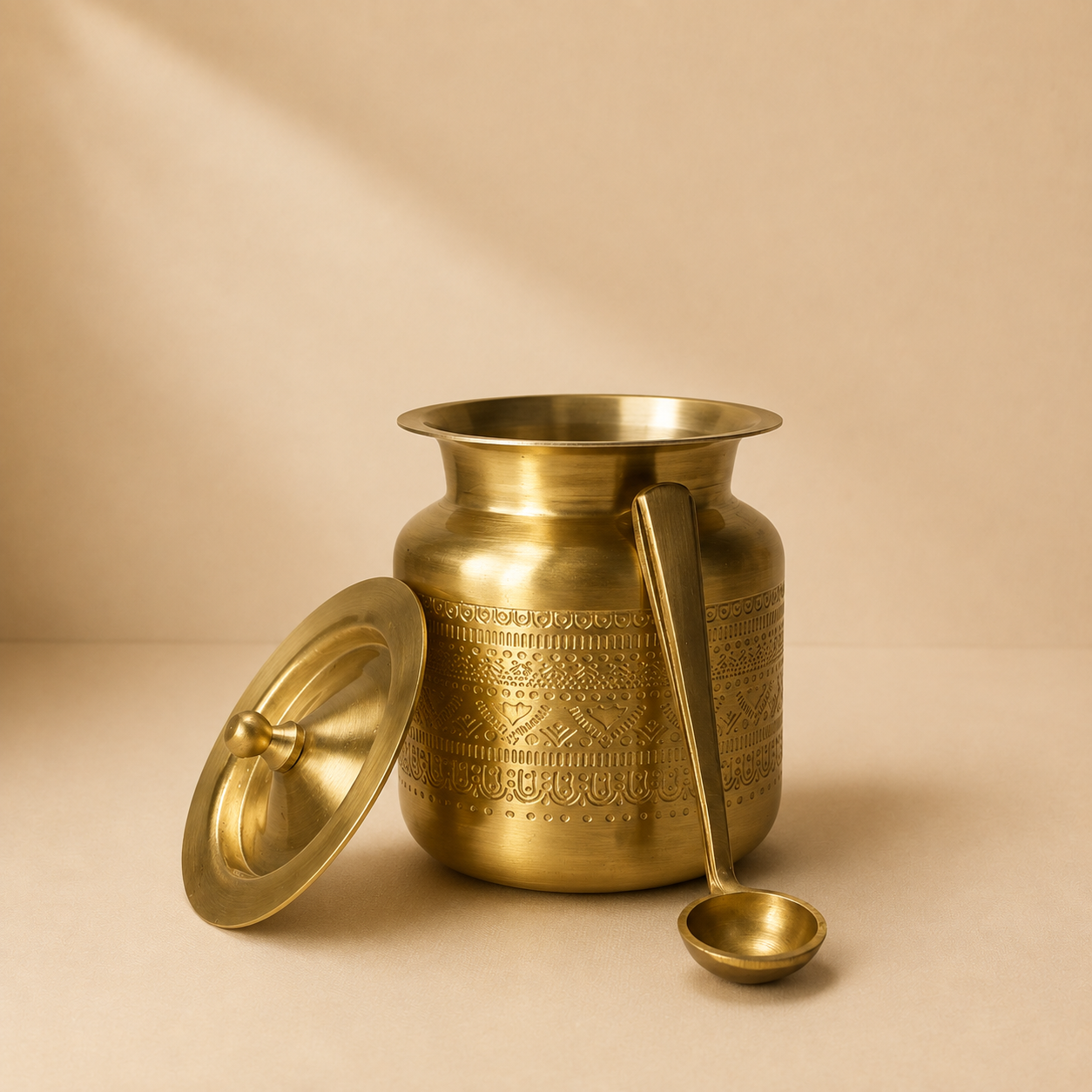 Handcrafted Brass Engraved Ghee Pot with Lid & Spoon