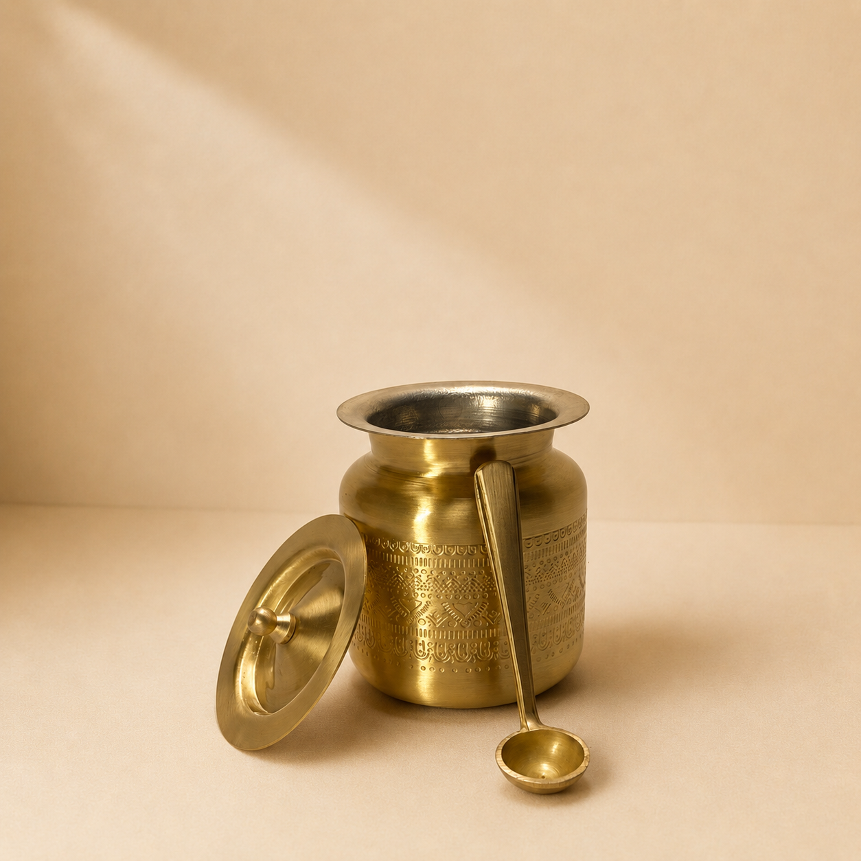 Handcrafted Brass Engraved Ghee Pot with Lid & Spoon