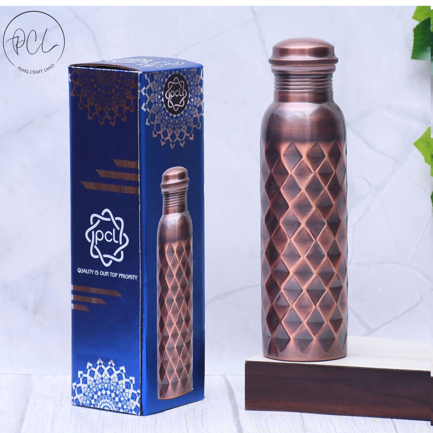 Pure Copper Water Bottle Antique Diamond Design Capacity 1000ML