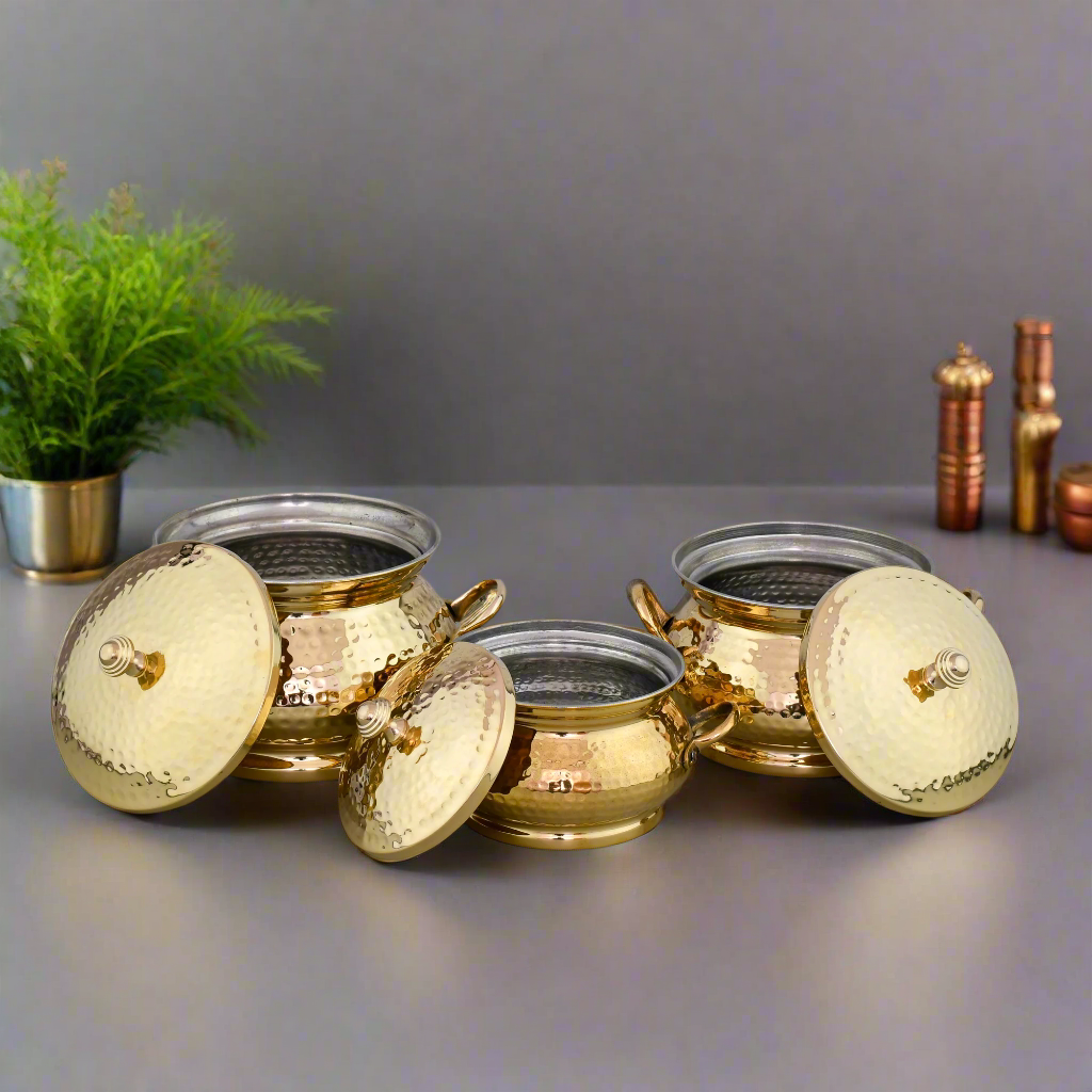 Beautiful 3 Pcs Brass Serving Handi Set With Lid