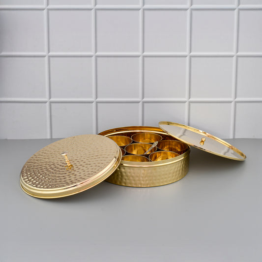 9" Brass Masala Box / Spice Organizer Box with Spoon - Shiny Hammered