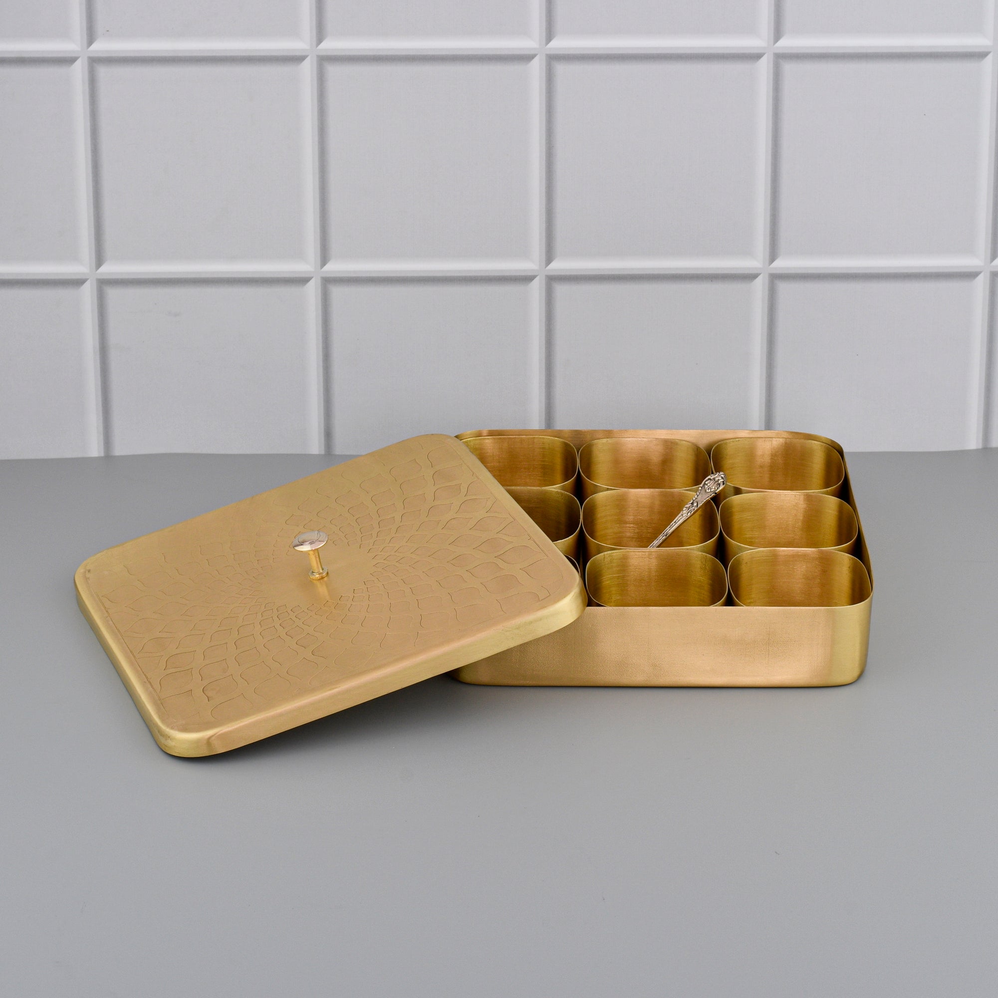 8" Square Brass Masala Box / Spice Organizer Box with Spoon - Matte Etching