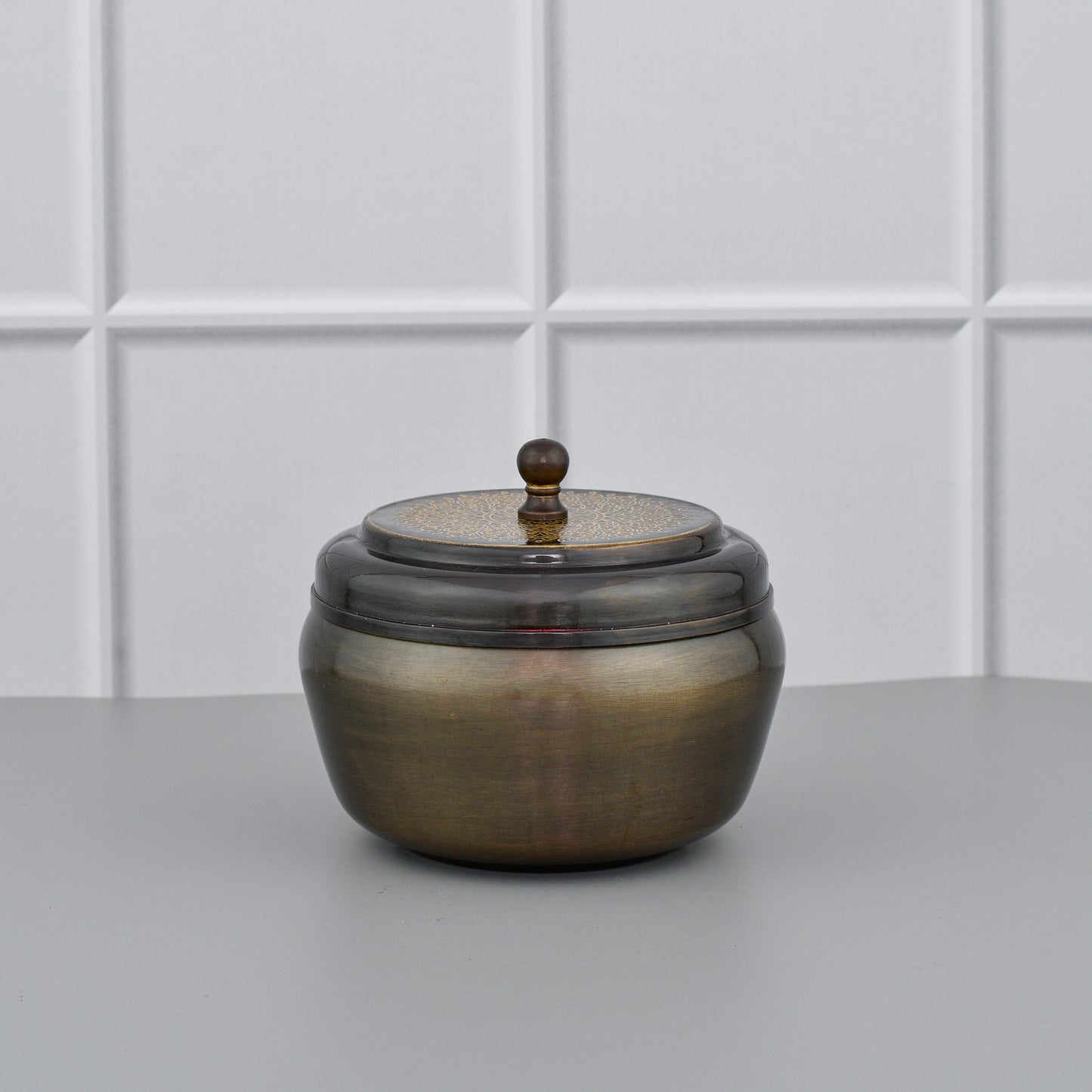 Brass Ghee Pot With Spoon - Antique Etching