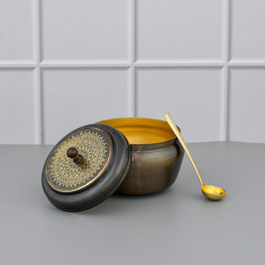 Brass Ghee Pot With Spoon - Antique Etching