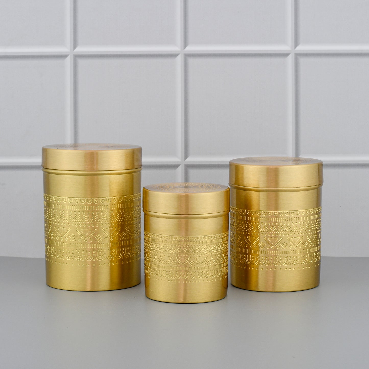 3 Pcs Tea, Coffee and Sugar Canister Set With Etching Design Work
