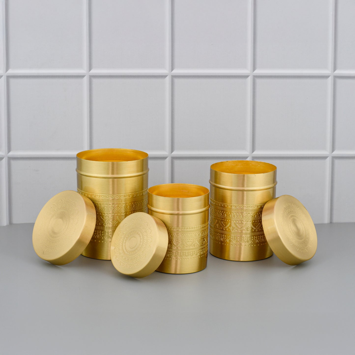 3 Pcs Tea, Coffee and Sugar Canister Set With Etching Design Work