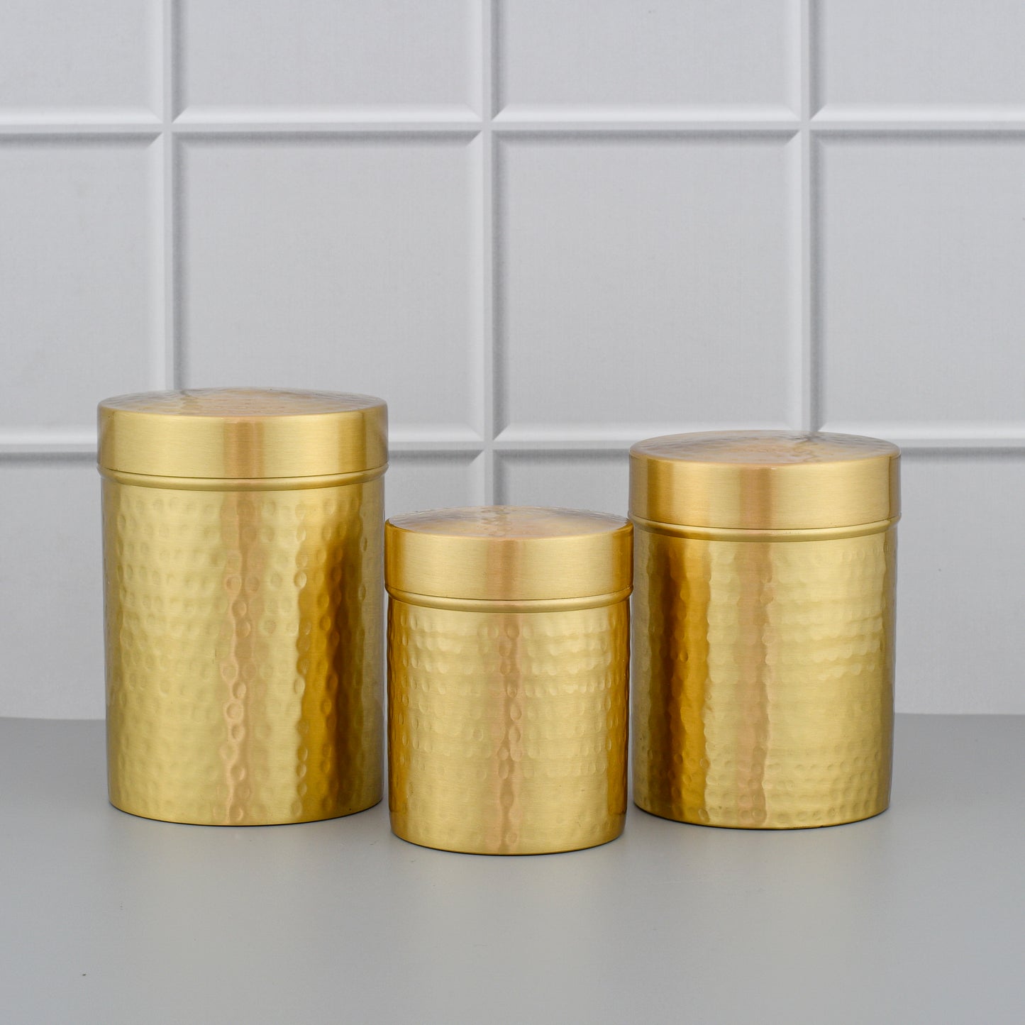 Pure Brass 3 Pcs Tea, Coffee and Sugar Canister Set - Matte Hammered