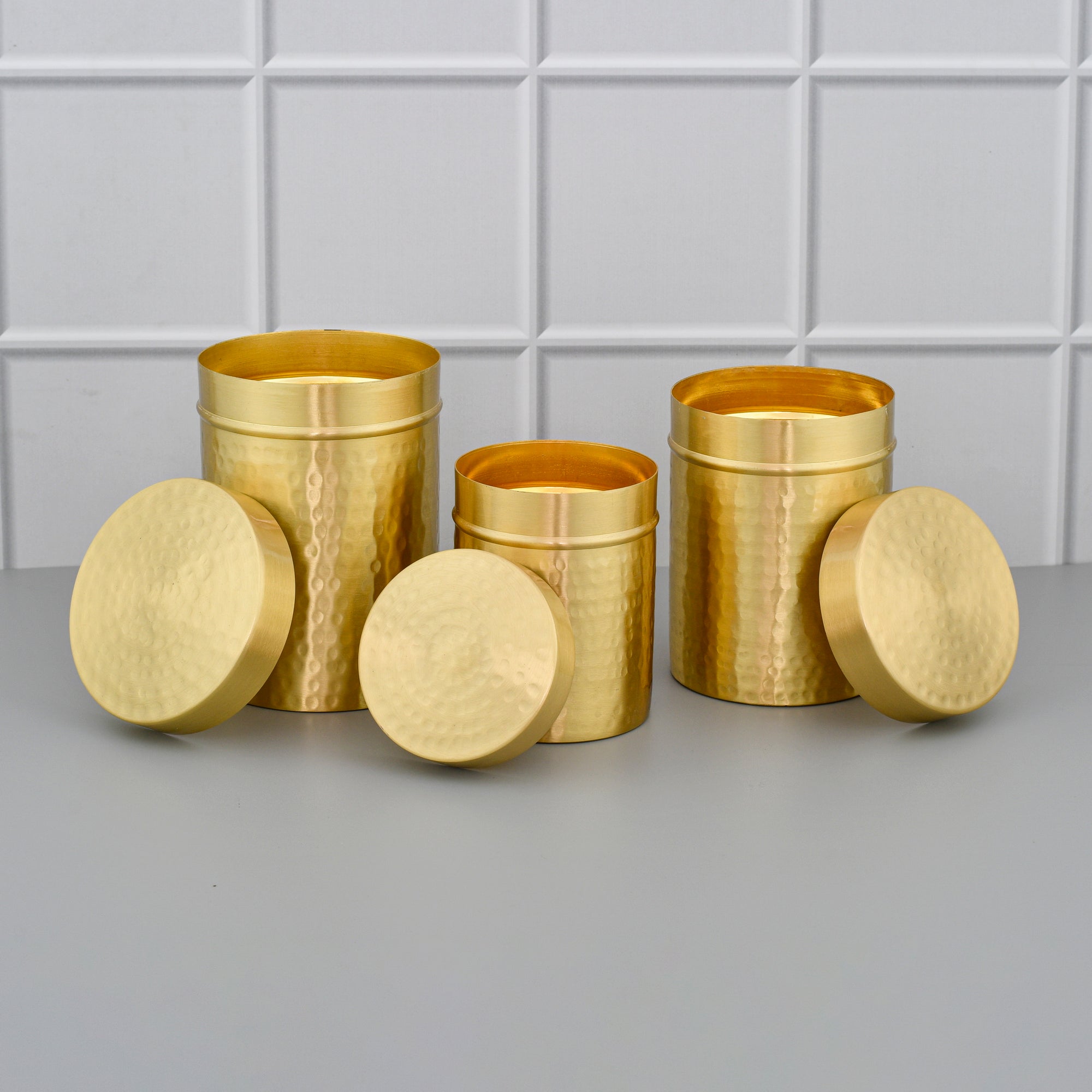 Pure Brass 3 Pcs Tea, Coffee and Sugar Canister Set - Matte Hammered