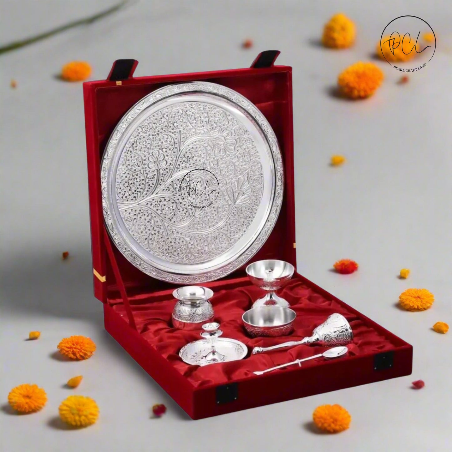 Exclusive Brass Pooja Thali Set With Silver Plated 7 Pcs Set With Gift Box Pack