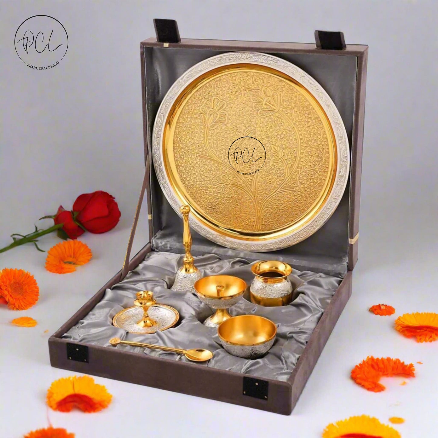 High Quality Brass Pooja Thali Set In Silver and Gold Color 7 Pcs Set With Gift Box Pack