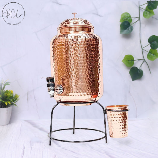 Pure Copper Hammered Water Dispenser with Glass and Stand (Matka) Combo 5000ml