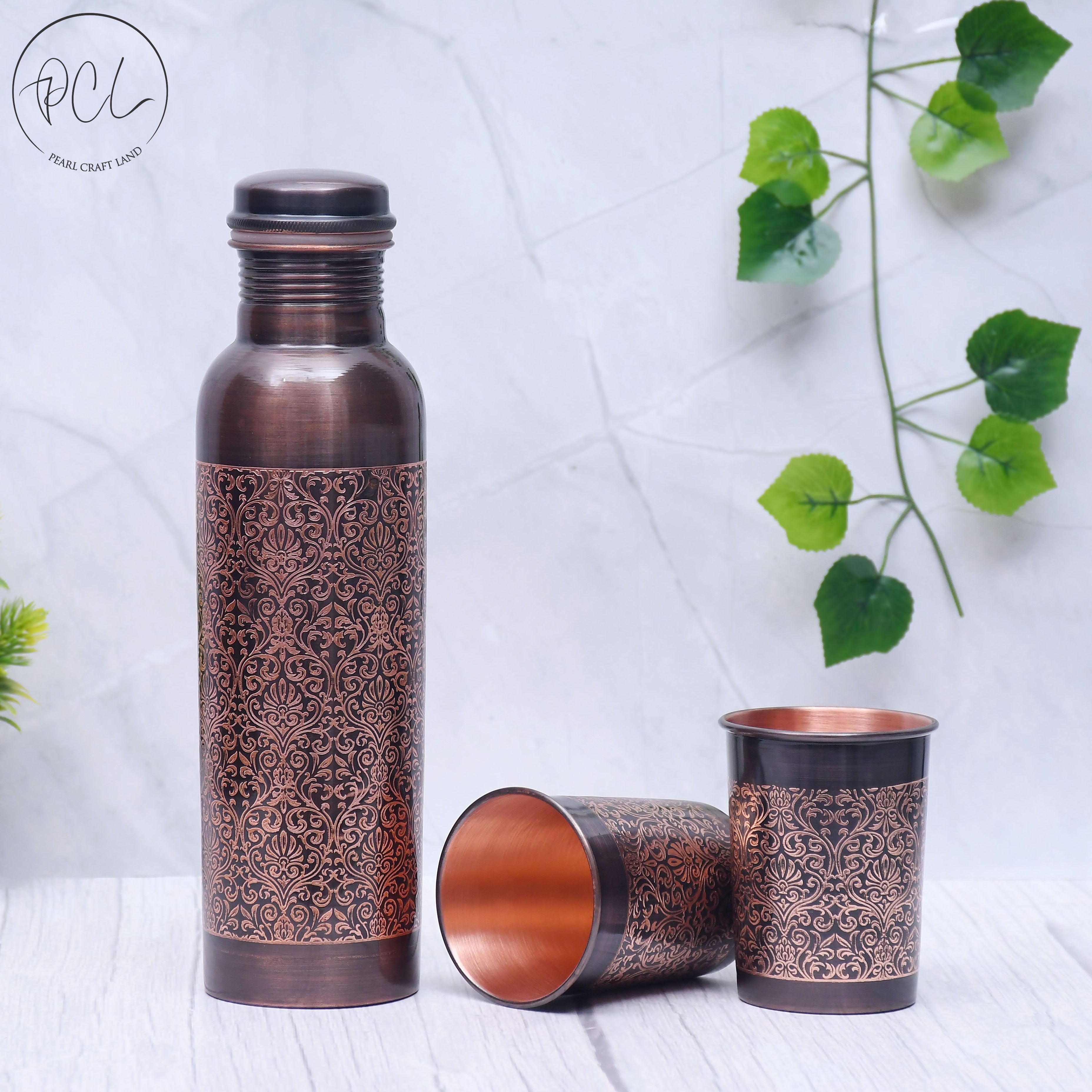 Pure Copper Water Bottle with 2 Glasses Black Antique Engraving
