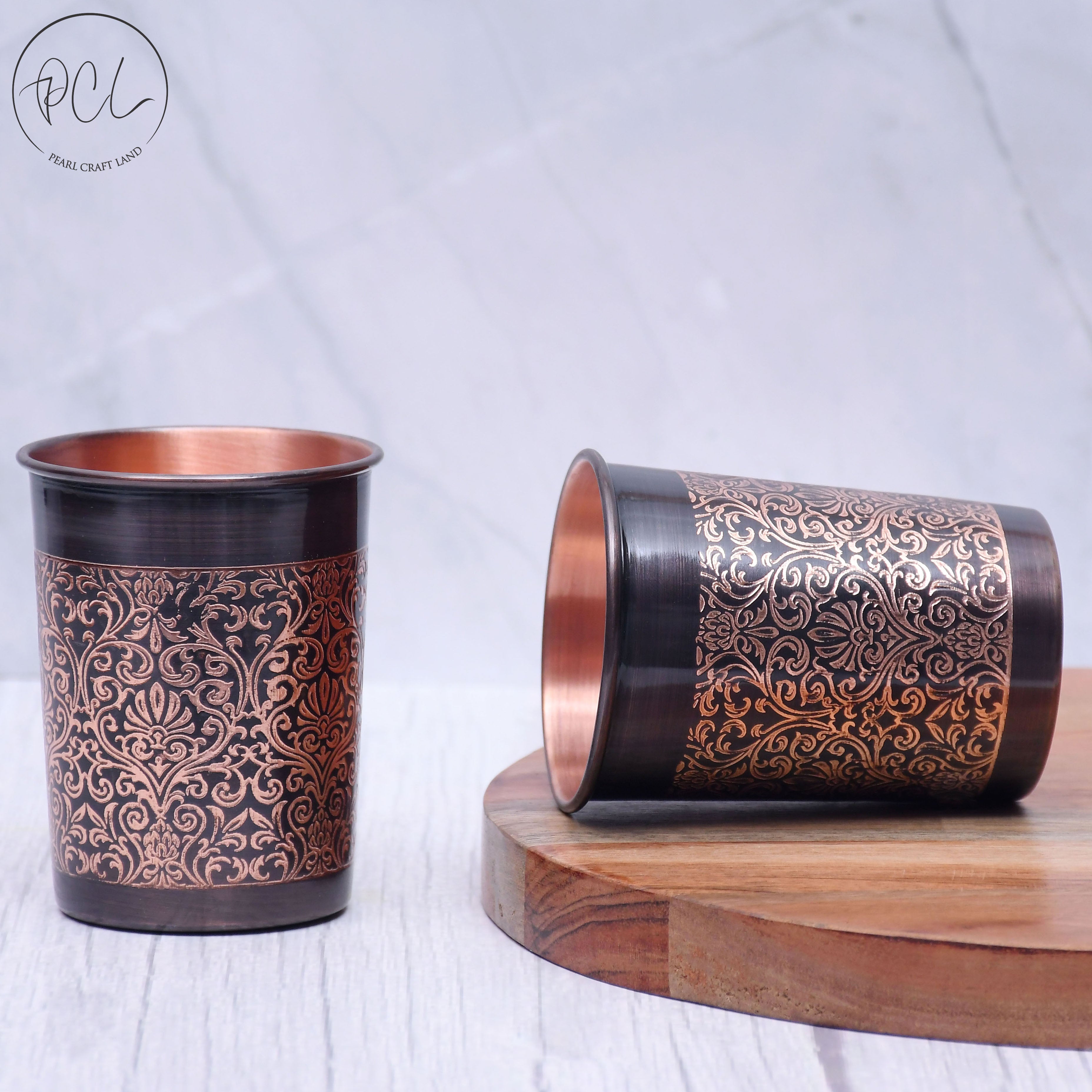 Pure Copper Water Bottle with 2 Glasses Black Antique Engraving