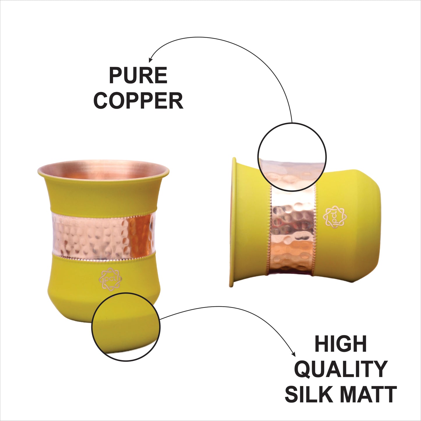 Pure Copper Water Glass Set of 2 Silk Yellow Half Hammered Damru Tumbler Capacity 300ML
