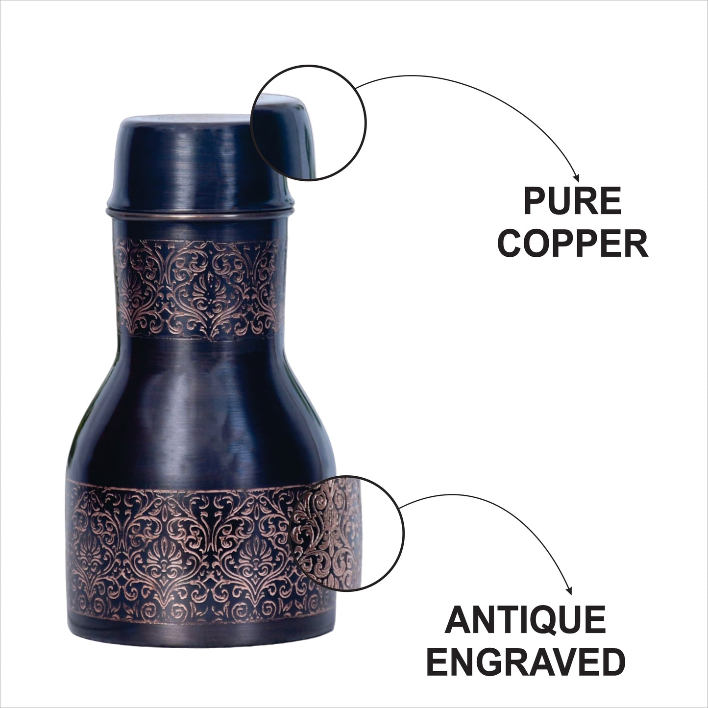 Pure Copper Bedside Charlie Jar Antique Etching with In-Built Glass Capacity 1000ML