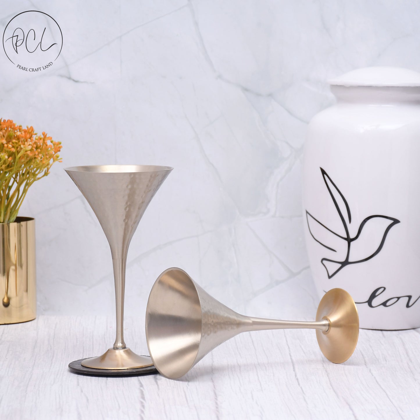 Beautifully Designed Conical Brass Matt Finished Goblet Glasses | Set of 2