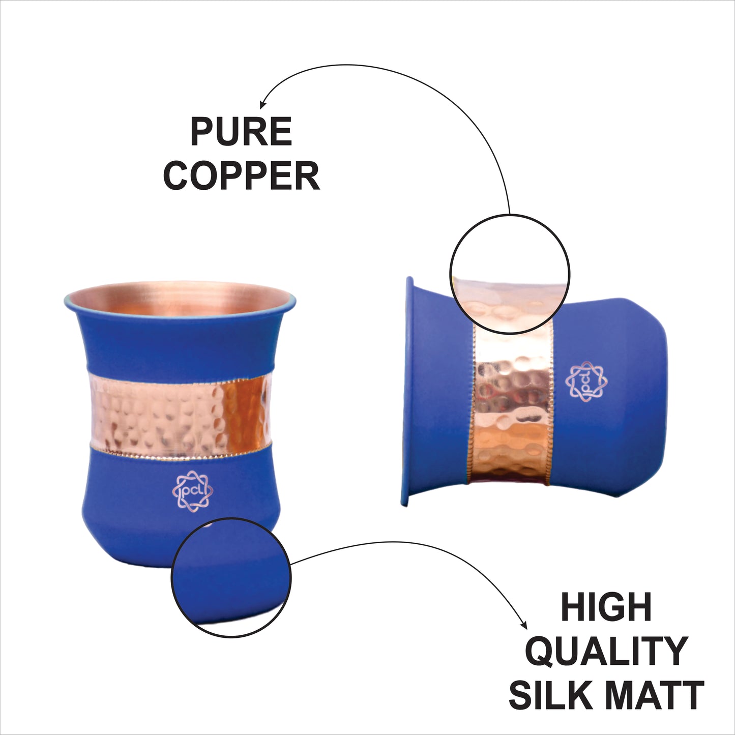 Pure Copper Water Bottle Silk Blue Half Hammered with 2 Dholak Glasses ( Set of 3 ) Capacity 1450 ML