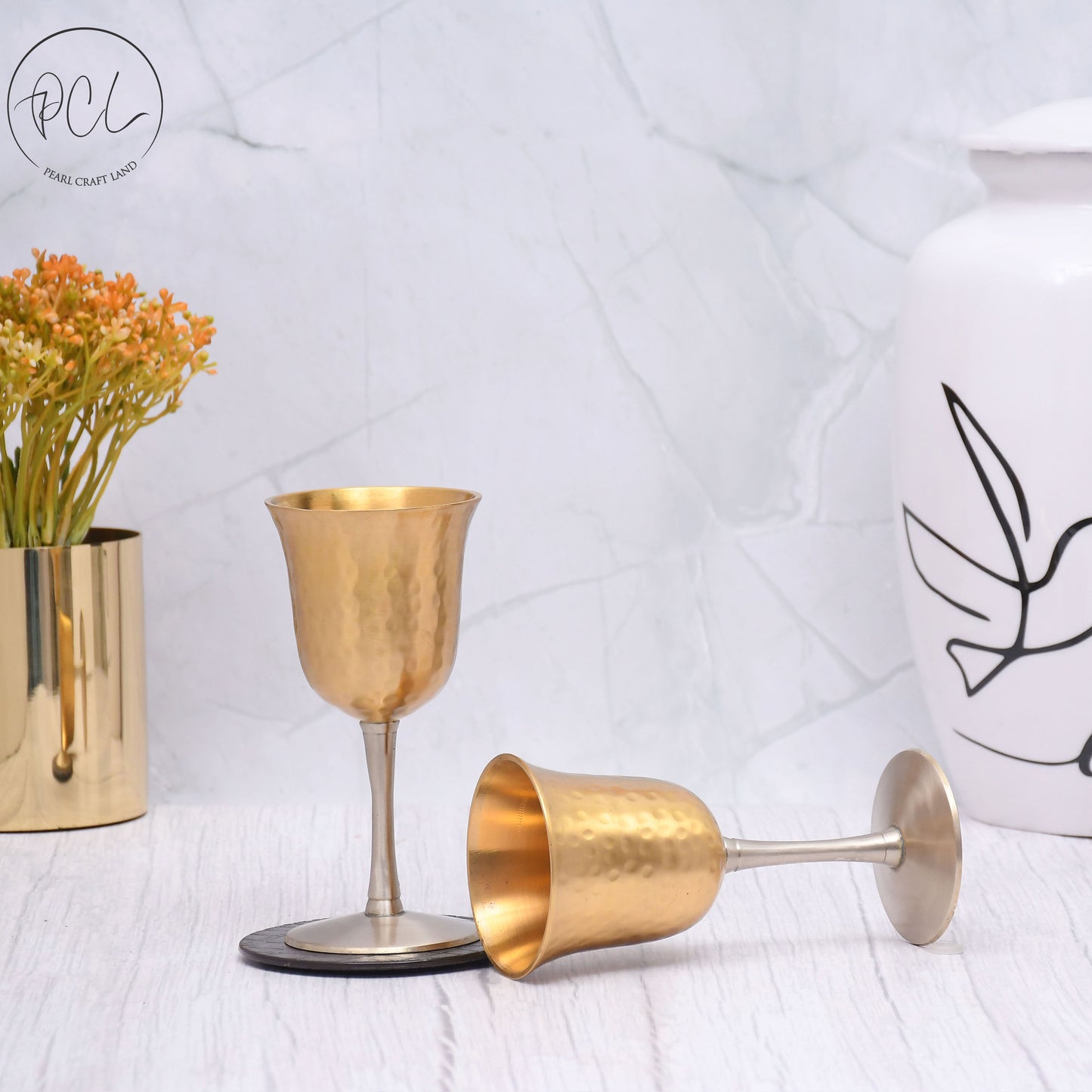 Beautifully Designed Hammered Tulip Set of 2 Vintage Solid brass Sherry/Wine Goblets Barware
