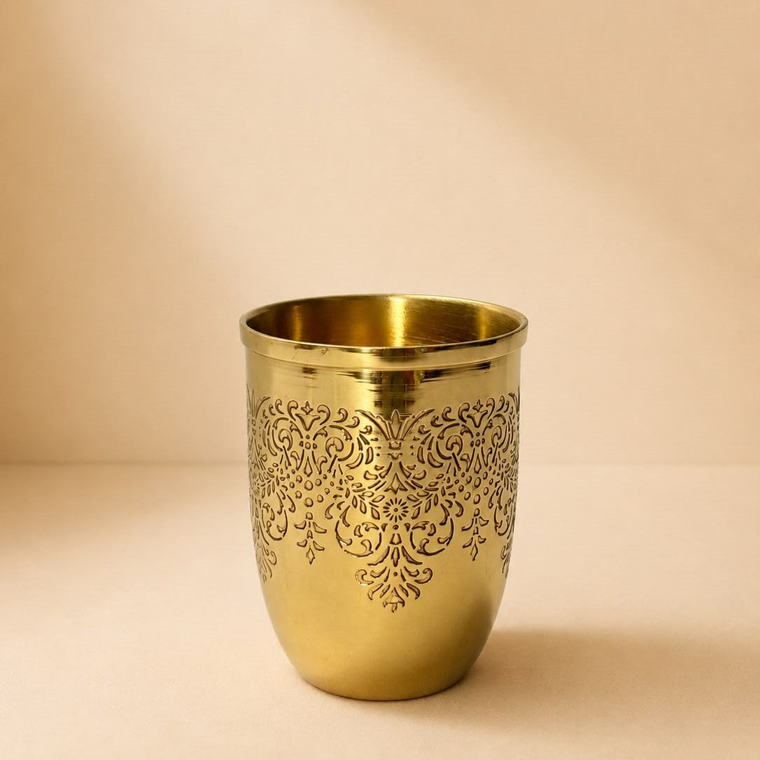Premium Engraved Brass Tumbler 300 ml | Elegant Brass Drinking Glass