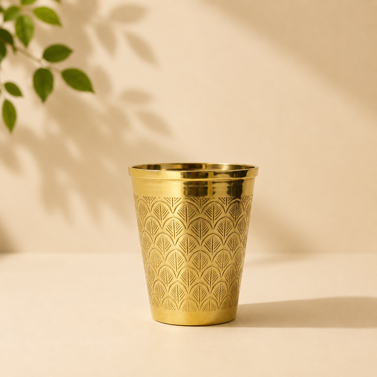 Handcrafted Etched Brass Glass | 300 ml Pure Brass Water Glass
