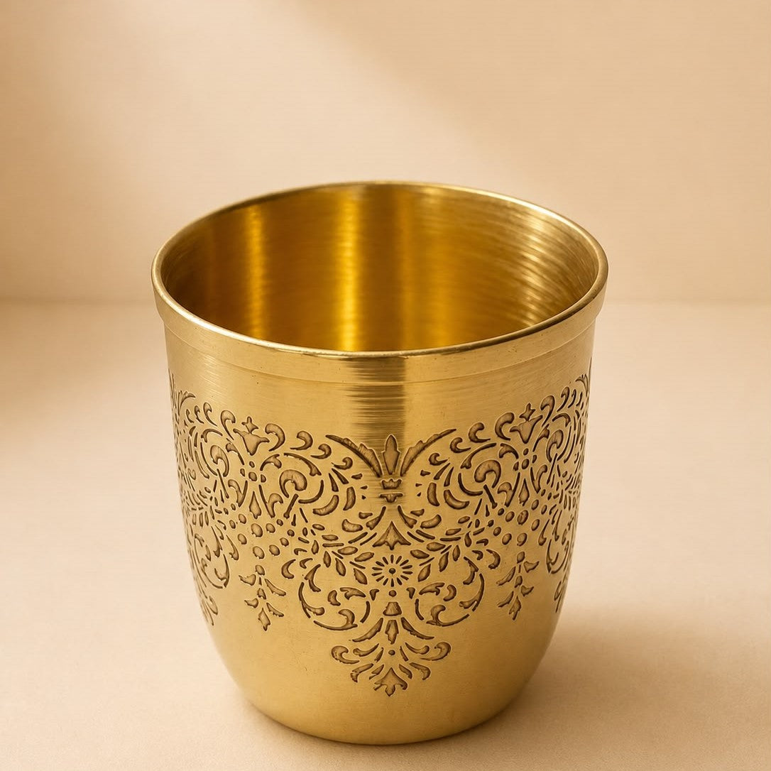 Premium Engraved Brass Tumbler 300 ml | Elegant Brass Drinking Glass
