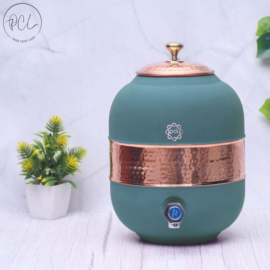 Pure Copper Silk Green Half Hammered Water Dispenser (Matka) Capacity 5000ML