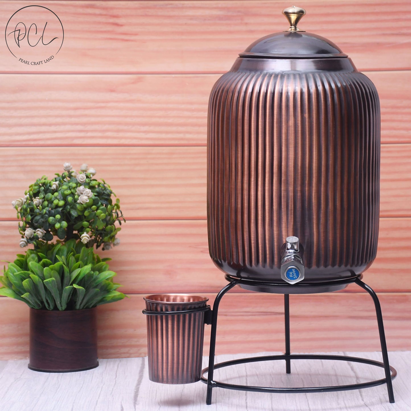 Pure Copper Water Dispenser with Glass and Stand Antique Rope Designed Combo Capacity 8000 ML.
