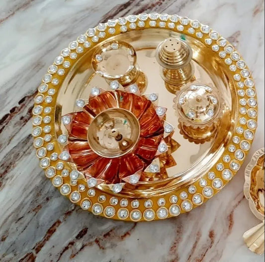 Exclusive Red Meenakari Crystal Pooja Thali Set of 5